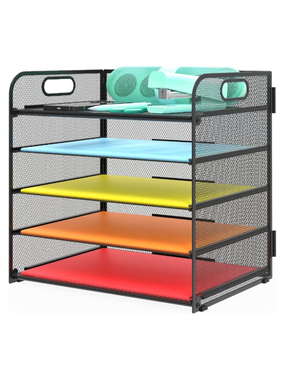 5-Tier Mesh Steel Letter Tray Desk Organizer with Handle, Pull Out Trays,